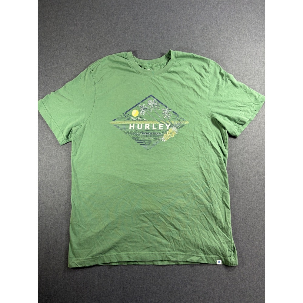 Hurley Mens XL Green Graphic T-Shirt Tropical Palm Tree Surf Cotton Tee
